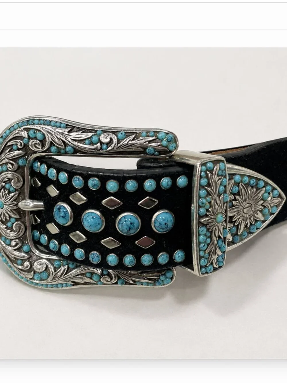 Nocona Black Leather Western Belt Large Turquoise Beaded Studded Floral Buckle